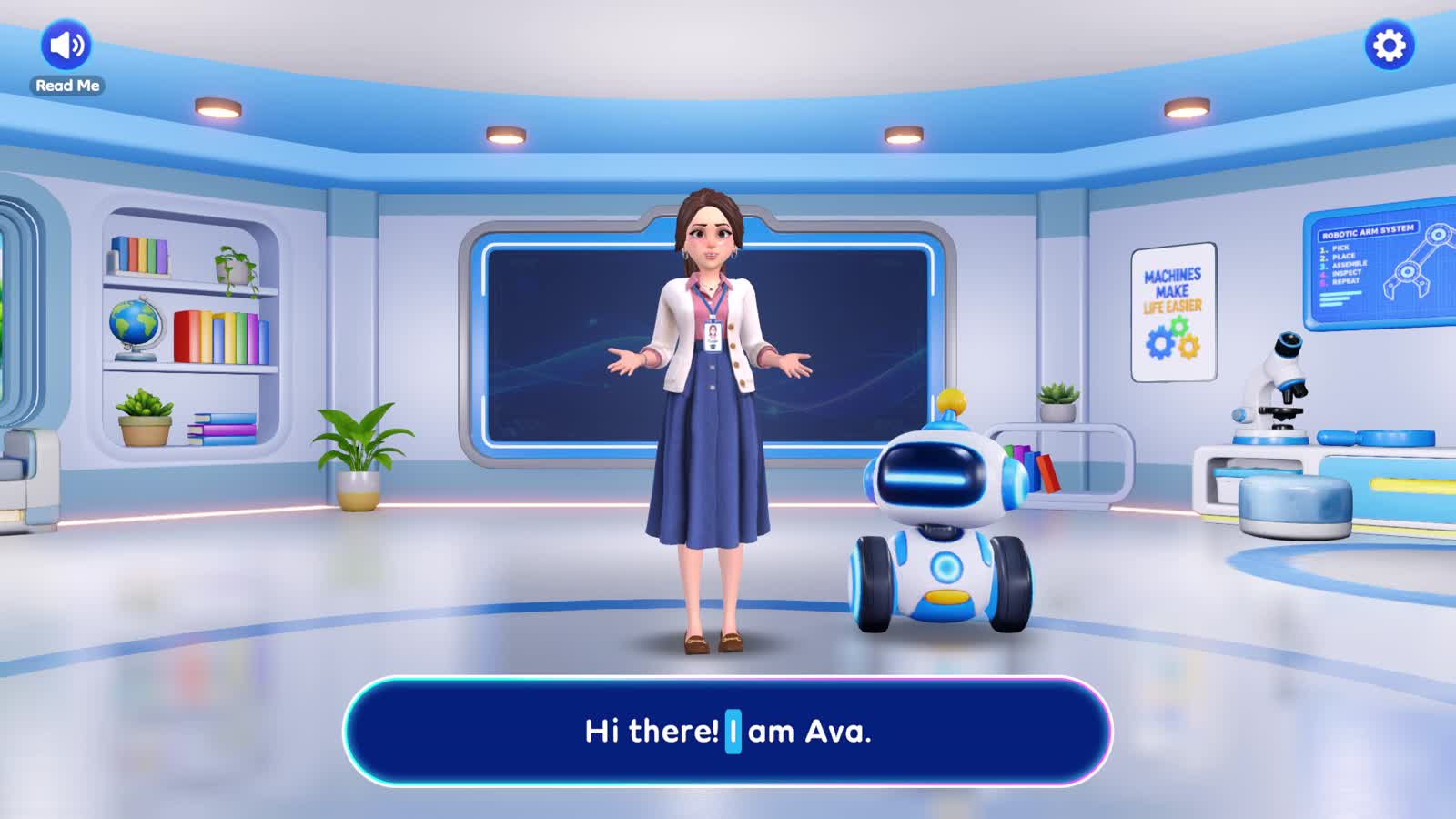 Ava and her little robot friend welcome you to their blue classroom